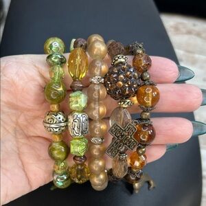 Elegant Green and Brown Stretch Beaded Bracelet Set